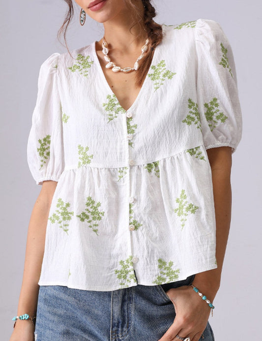 Floral Embroidered V-Neck Puff Sleeves Shirt