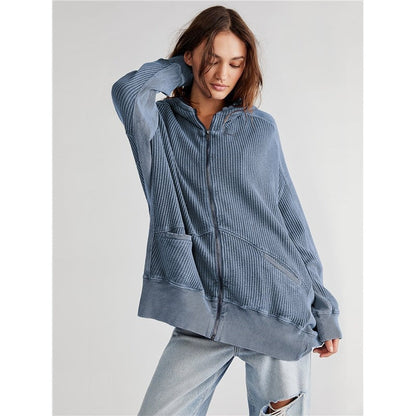 Women's Solid Zip Waffle Design Hoodie Sweatshirt