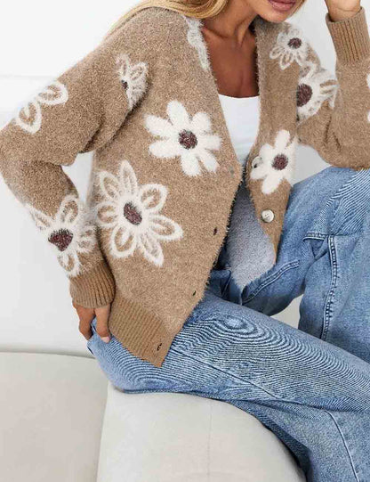 Jacquard V-Neck Button Down Cropped Knit Cardigan