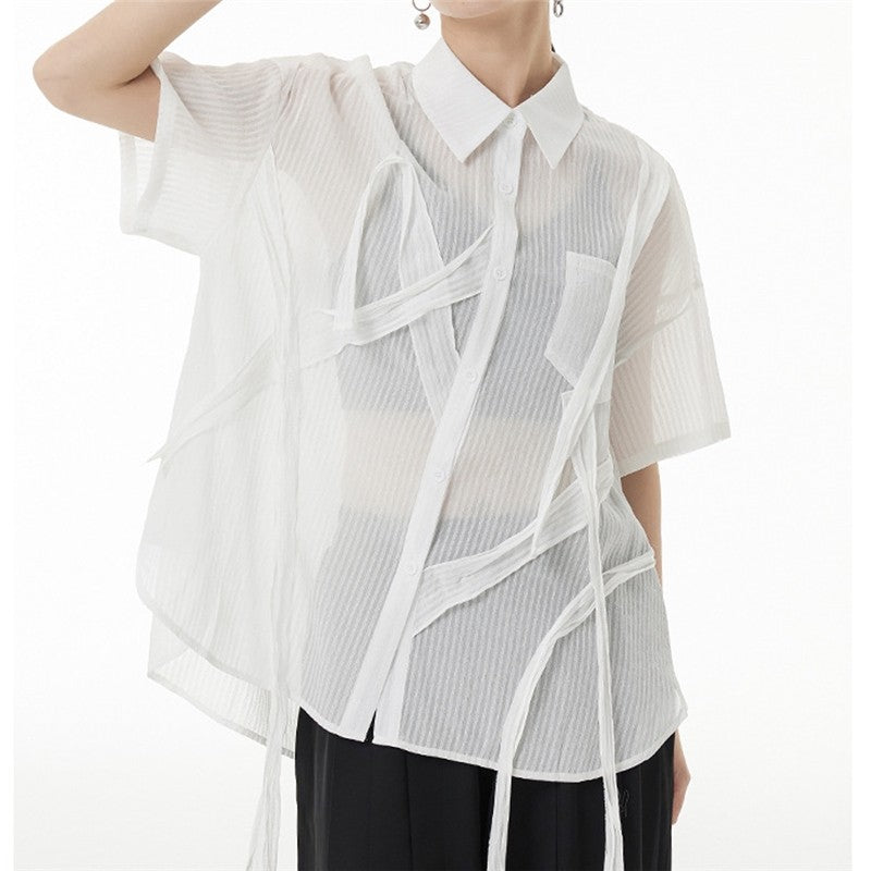 Solid Color Short Sleeve Shirt Collar See-Through Thin Casual Loose Blouse