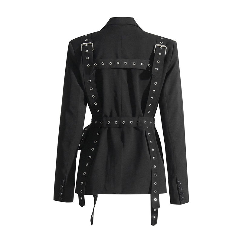 Long Sleeve Lapel Buttoned Rivets Belted Blazer Outerwear