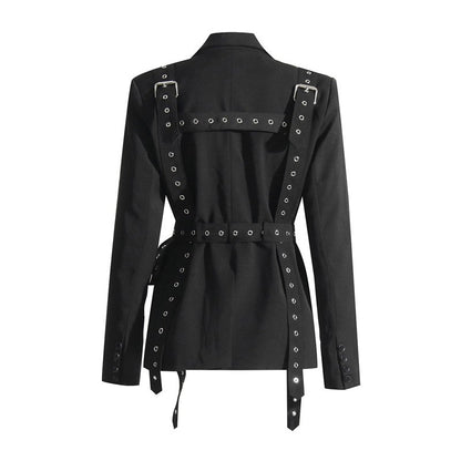 Long Sleeve Lapel Buttoned Rivets Belted Blazer Outerwear