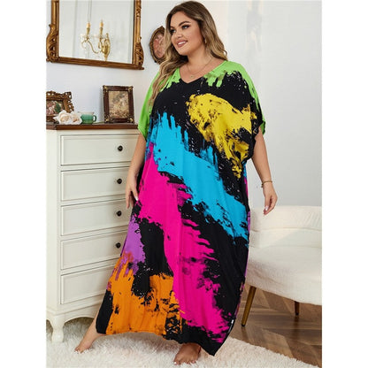 Contrast Color Printing V-Neck Short Sleeve Casual Loose Long Beach Dress Bikini Cover-Up