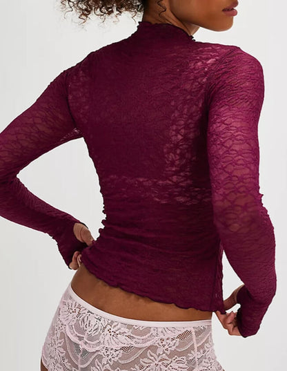 Solid Color Lace See Through Slim Tops