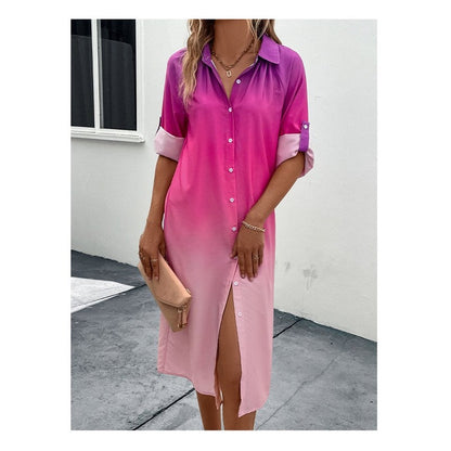 Loose Lapel Cardigan Buttoned Ombre Dress