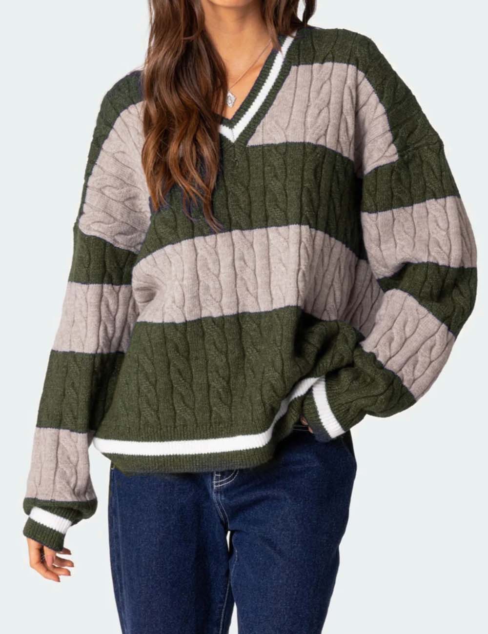 Color Block Striped V-Neck Oversized Sweater