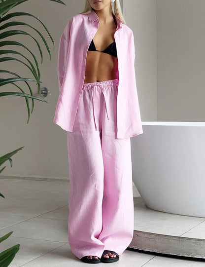 Solid Color Casual Shirt Pant Set