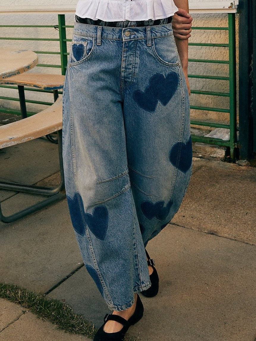 Love Star Print Loose Midi Waist Jeans