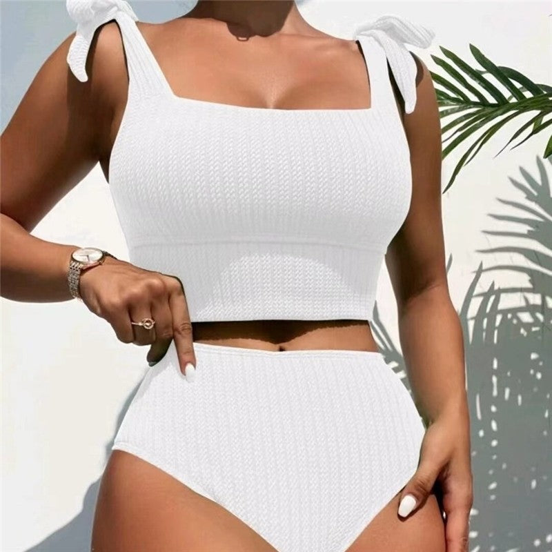 Two Piece High Waist Conservative Solid Color Swimsuit