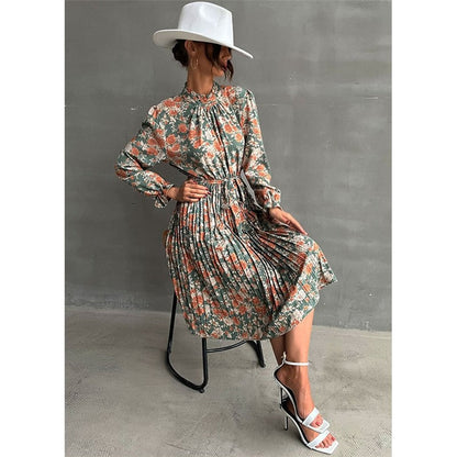 Printed Belted Half Turtleneck Dress With Petal Sleeves