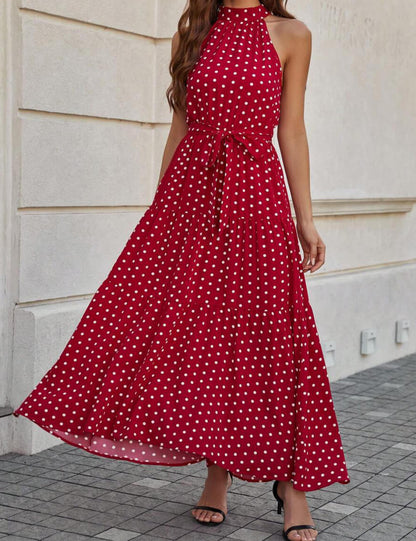 Elegant Polka Dot Tie Waist Halter Dress
