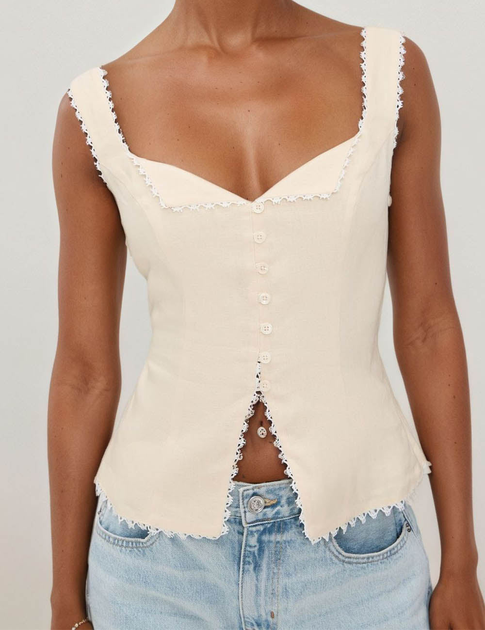 Vintage Lace Trim Button Up Sleeveless Top