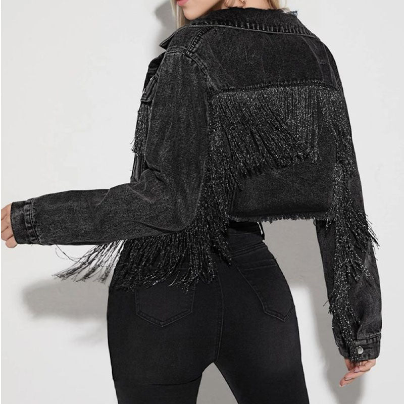 Trendy Lapel Collar Tassel Cropped Denim Jacket