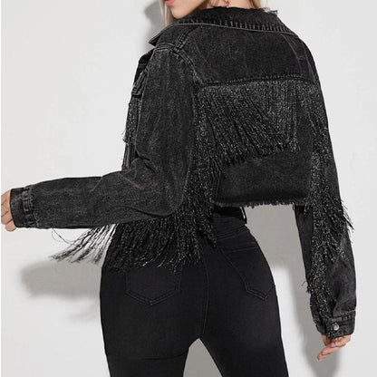 Trendy Lapel Collar Tassel Cropped Denim Jacket