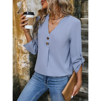 Solid Color Long-Sleeved Commuter V-Neck Button-Down Pullover Shirt