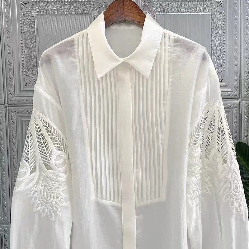 Solid Color Long Sleeves Lapel Embroidery Casual Loose Blouse