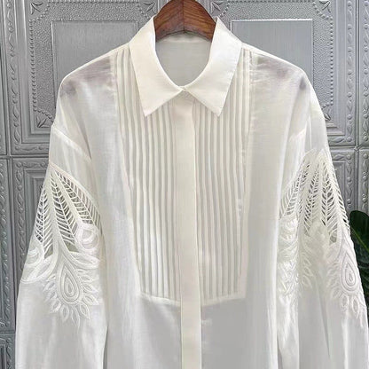 Solid Color Long Sleeves Lapel Embroidery Casual Loose Blouse