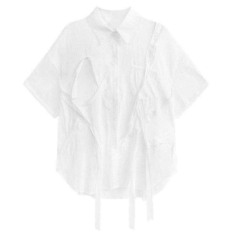 Solid Color Short Sleeve Shirt Collar See-Through Thin Casual Loose Blouse