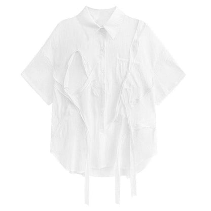 Solid Color Short Sleeve Shirt Collar See-Through Thin Casual Loose Blouse