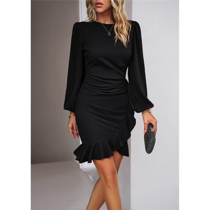Round Neck Ruched Puff Sleeve Dress
