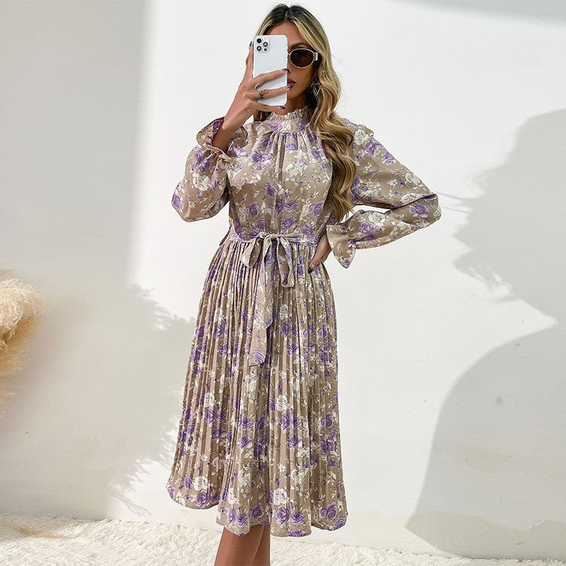 Printed Belted Half Turtleneck Dress With Petal Sleeves