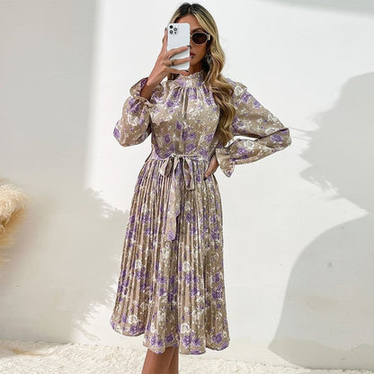 Printed Belted Half Turtleneck Dress With Petal Sleeves