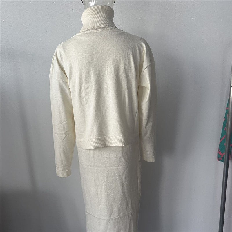 Solid Color High Neck Knit Sweater Wrap Skirt Set