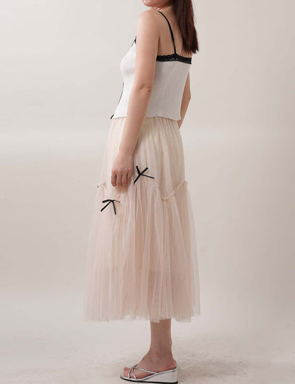 Bow Tulle Layered Mesh A-Line Miid Skirt