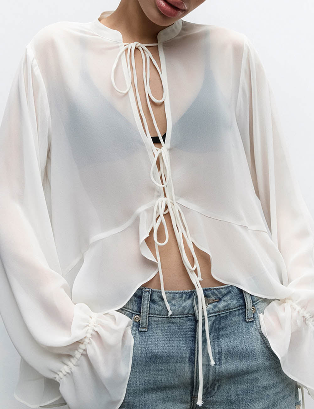 Elegant Solid Color Tie-Front Drawstring Chiffon Top