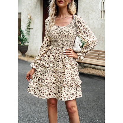 Floral Square Neck Long Sleeve Dress