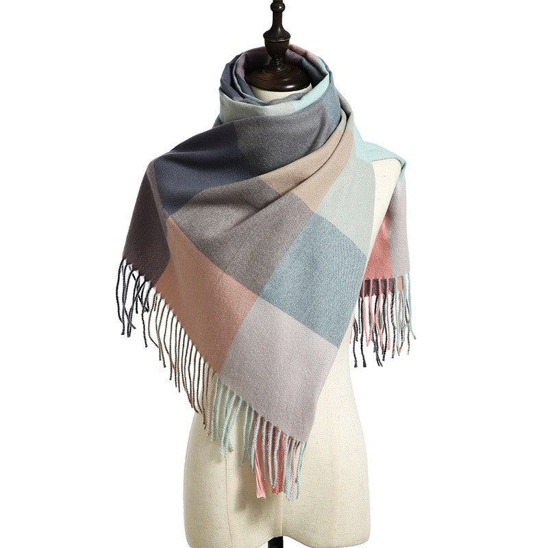 Striped Plaid Print Shawl Tasseled Scarf