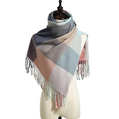 Striped Plaid Print Shawl Tasseled Scarf