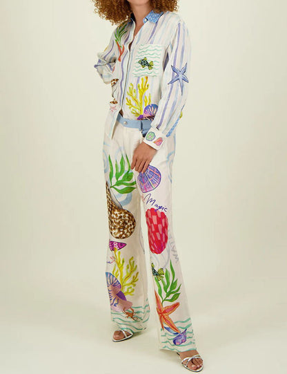 Colorful Print Casual Shirt Pant Set