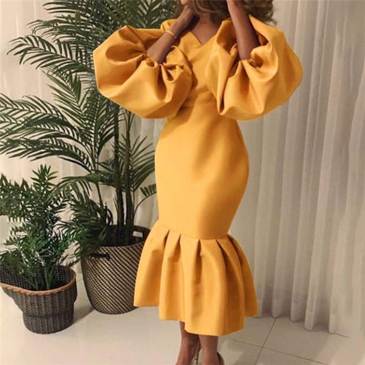 Solid Color V-Neck Bubble Long Sleeve Tail Gown Dresses