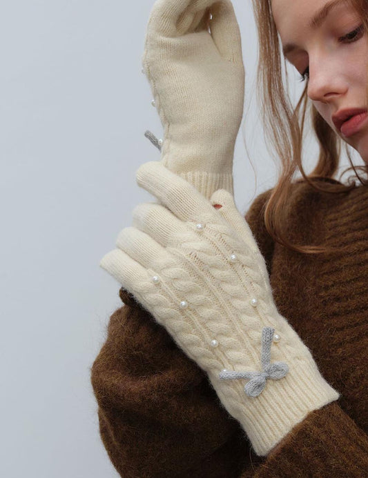 Solid Color Bow Knot Wool Winter Gloves