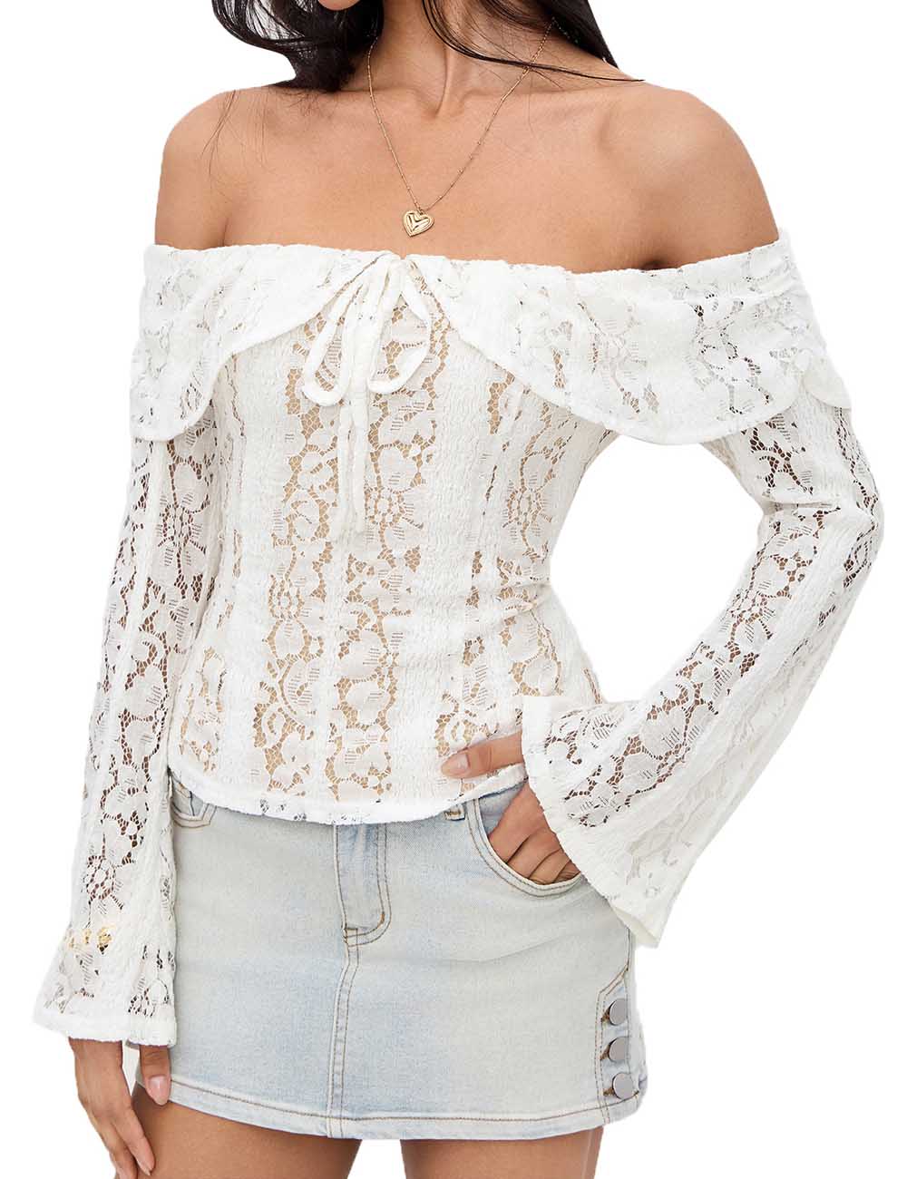 Elegant Off Shoulder Lace Long Sleeve Top