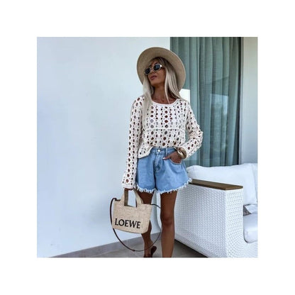 Solid Color Knit Long Sleeve Skeleton Top