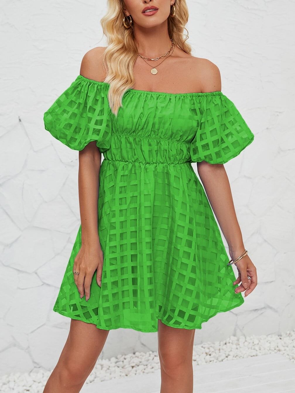 Off Shoulder Puff Sleeves Pleated Mini Dress