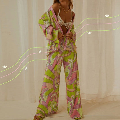 Printed Pleated Long Sleeve Long Pants Set