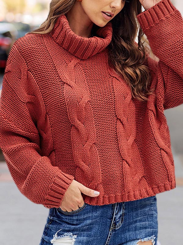 Jacquard High-Neck Long Sleeves Sweater Tops