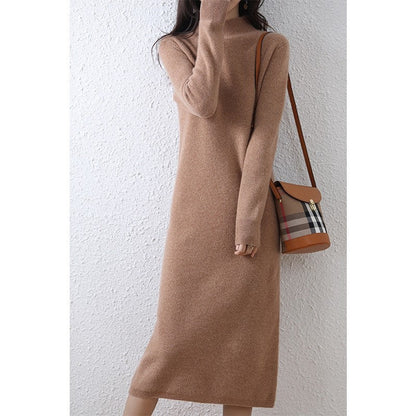 Elegant Ribbed Knit Semi High Neck Solid Long Dress