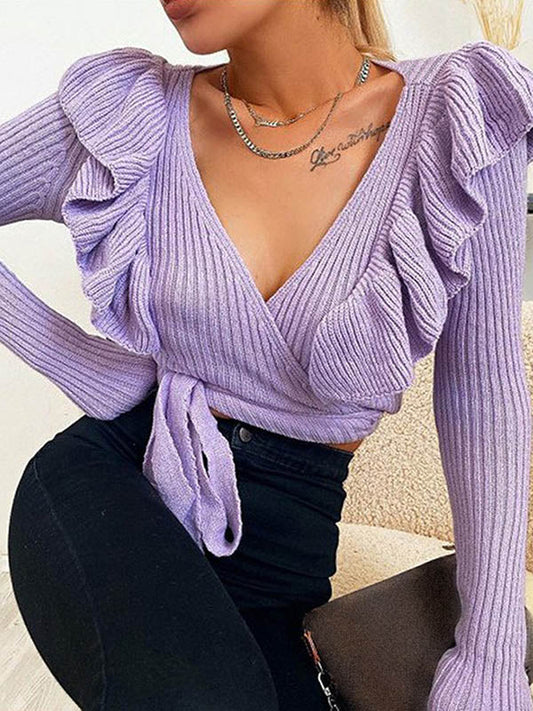 Falbala Lace-Up Long Sleeves Sweater Tops