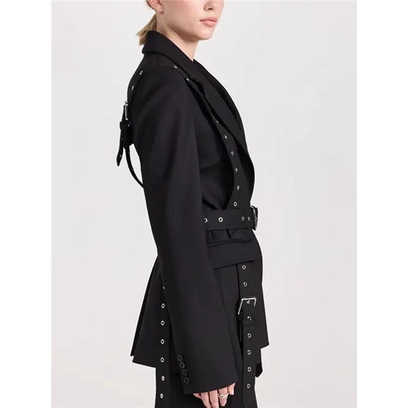 Long Sleeve Lapel Buttoned Rivets Belted Blazer Outerwear