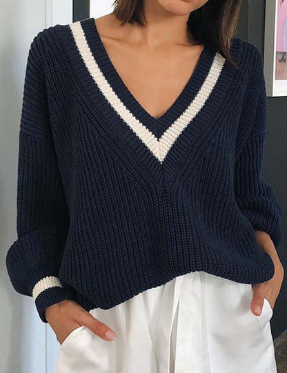 Color Block V-Neck Long Sleeve Sweater