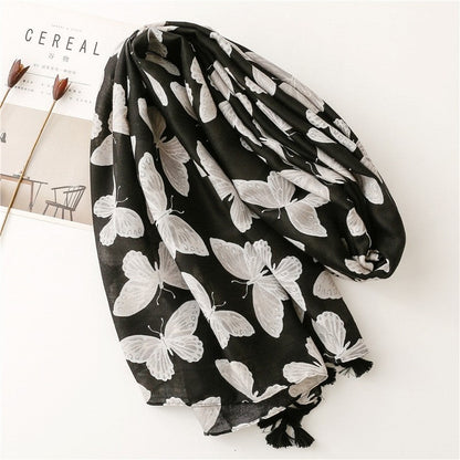 Black Butterfly Print Cotton Linen Scarf