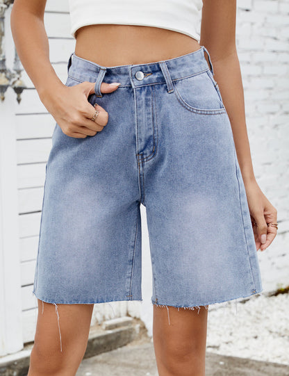 Washed Raw Hem Demin Bermuda Shorts