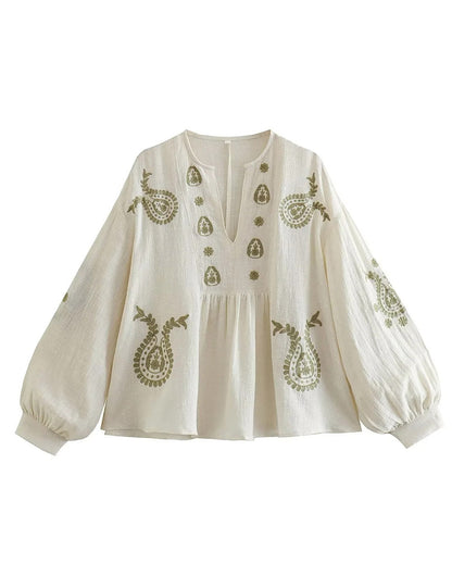 Loose Embroidered V-Neck Long Sleeve Blouse