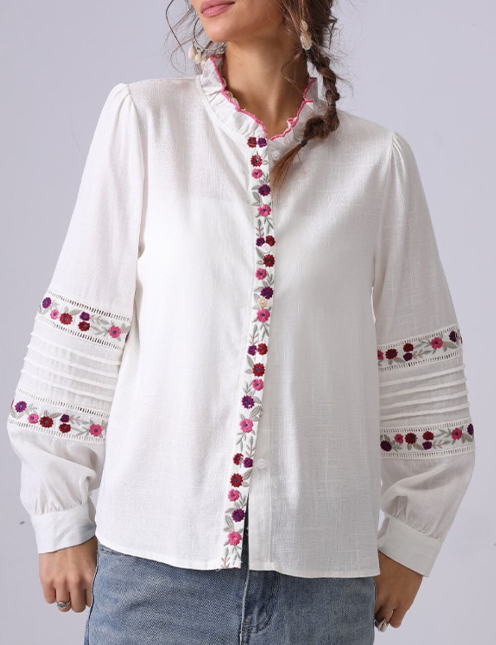 Minimalist Floral Embroidered Ruffle Neck Top