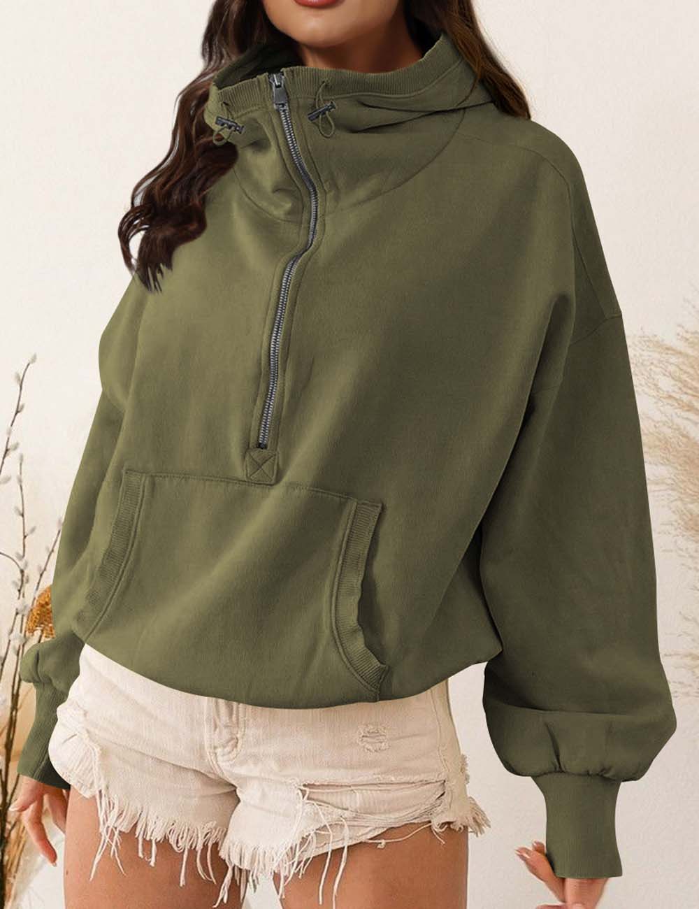 Casual Half Zip Drawstring High Neck Hoodie
