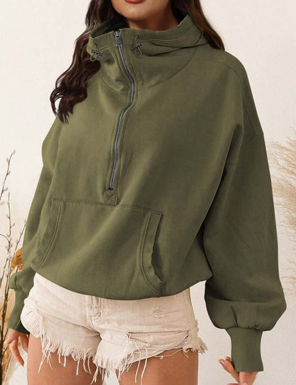 Casual Half Zip Drawstring High Neck Hoodie